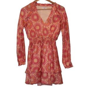NSR Print V-Neck Long Sleeve Mini Dress Women Size Small